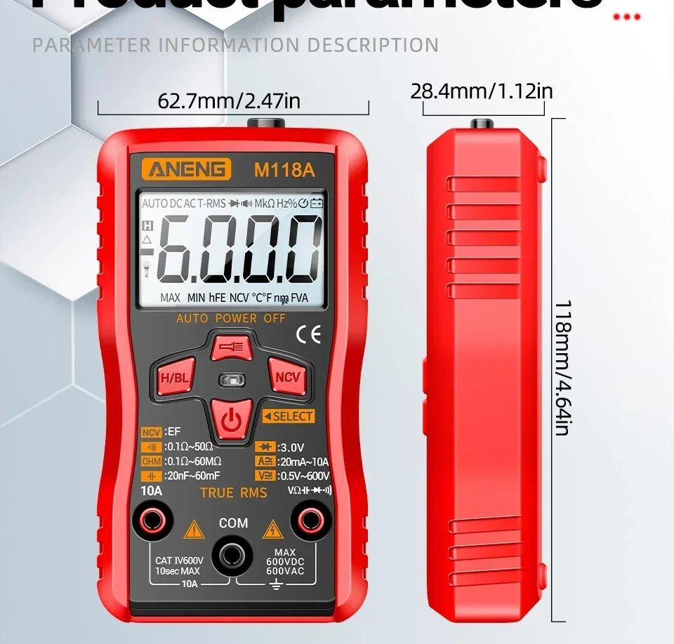 Digital-Multimeter-Tester-Stift ANENG M118A +A3010 Kit True RMS 6000/4000 Counts Auto-Ranging AC/DC Transistor-Spannungsprüfer Werkzeuge – Detail 13