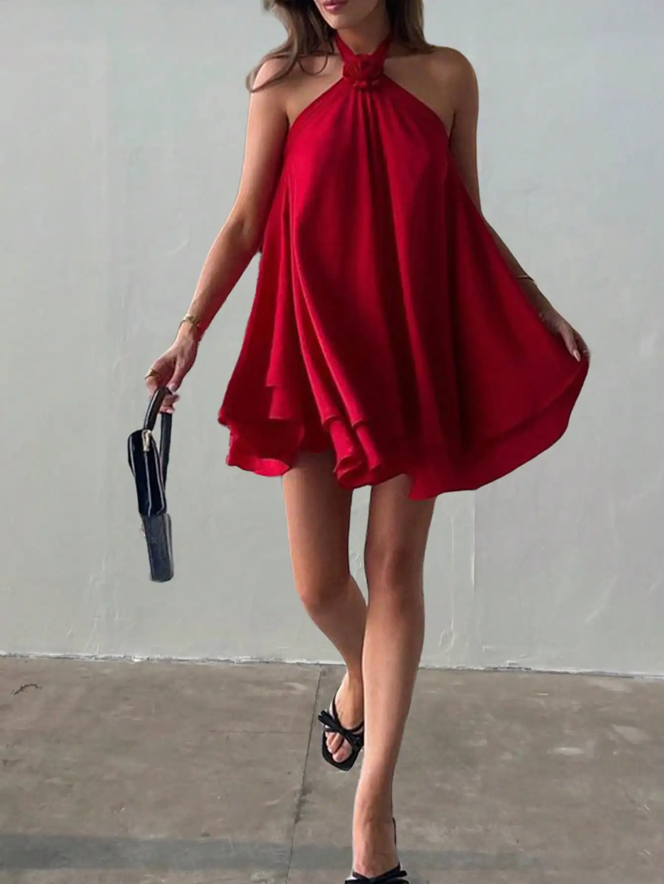 

Women's Red Solid Halter Neck Loose Mini Dress with Floral Knot Detail