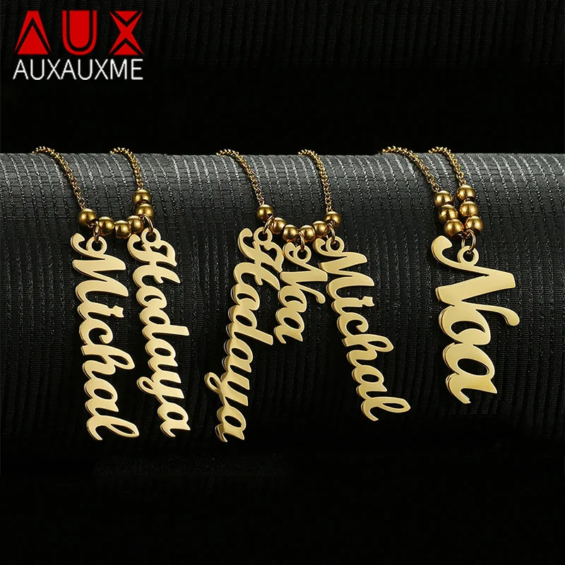 Auxauxme Personalized Multiple Name Necklace for Women Stainless Steel Custom Letter Bead Cahin Choker Family Friend Couple Gift