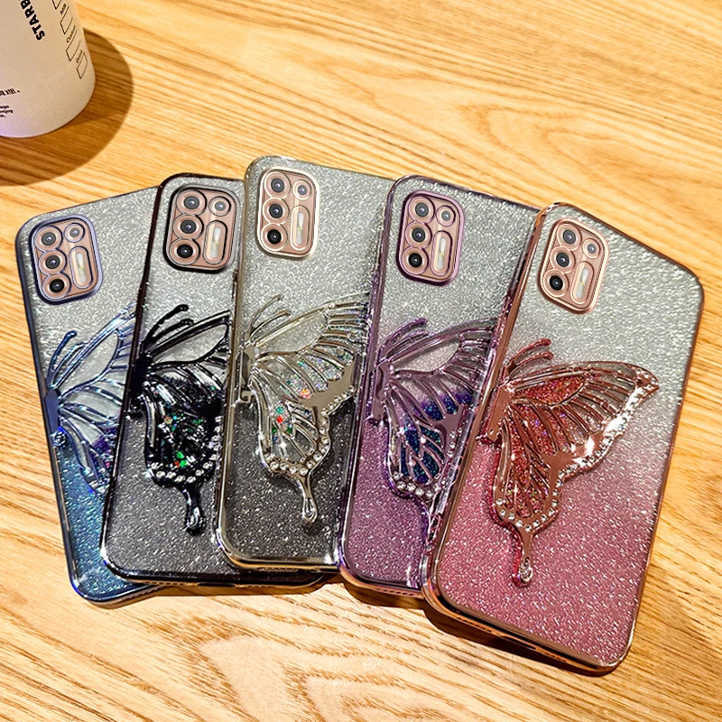 2024 New Phone Cases For Motorola Moto G9 Plus Protective Case Luxury Glitter Butterfly Girl Soft Silicone Back Cover Motog9plus