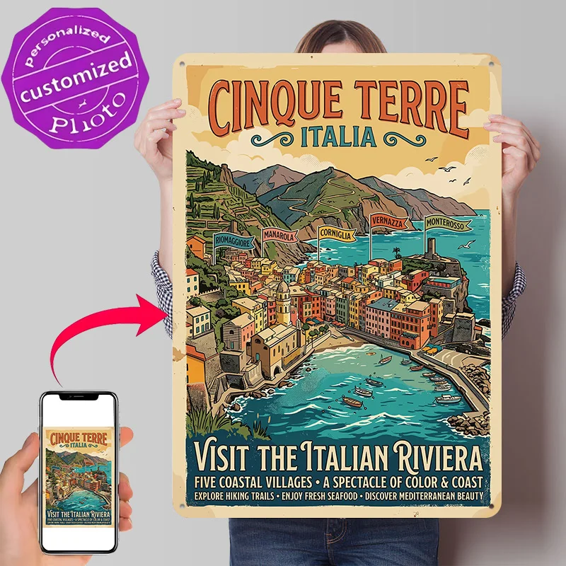 Cinque Terre Italian Riviera Travel Poster Retro 3D Printed Metal Signs Customized Wall Hanging Gift for Decoration Room Art Man