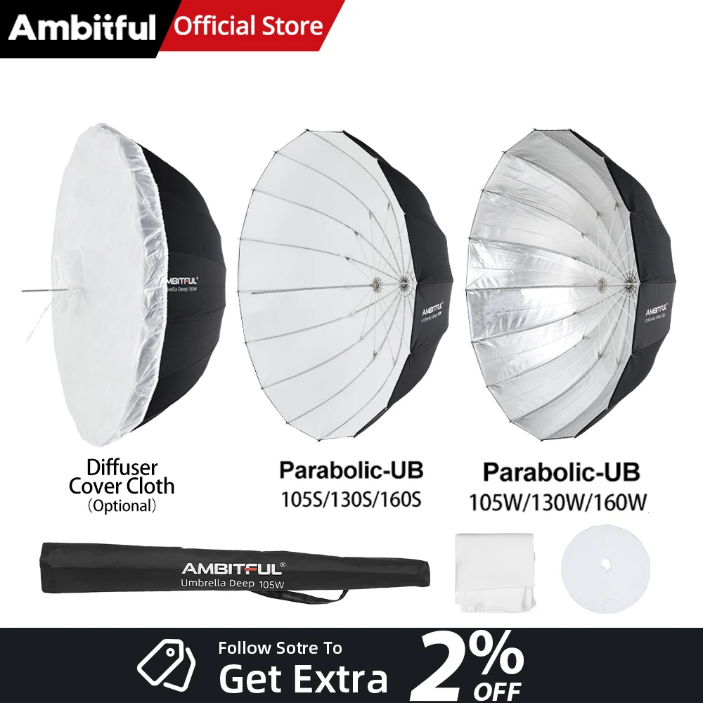 AMBITFUL Parabolic Reflective Umbrella Black Silver UB-105 UB-130 UB-160 Studio Light Umbrella Diffuser