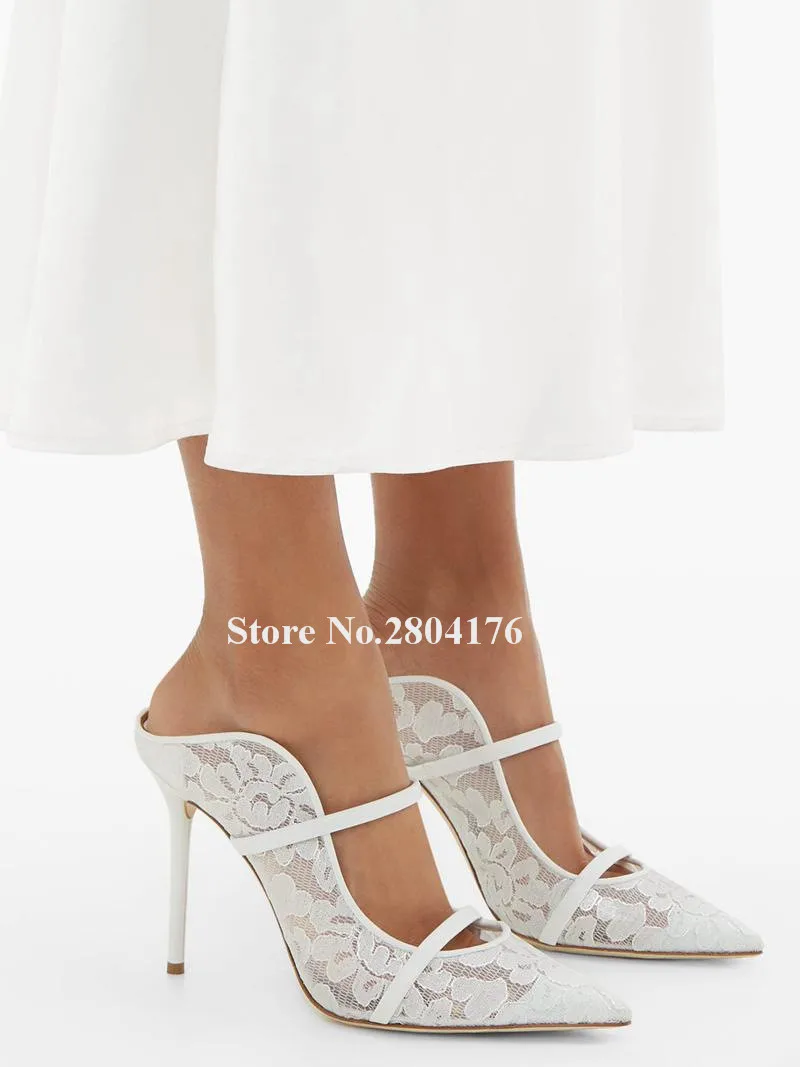 Décolleté in pizzo bianco da donna Pantofole sexy con tacco a spillo in rete con punta a punta ritagliata Scarpe da sposa con tacco alto di grandi dimensioni