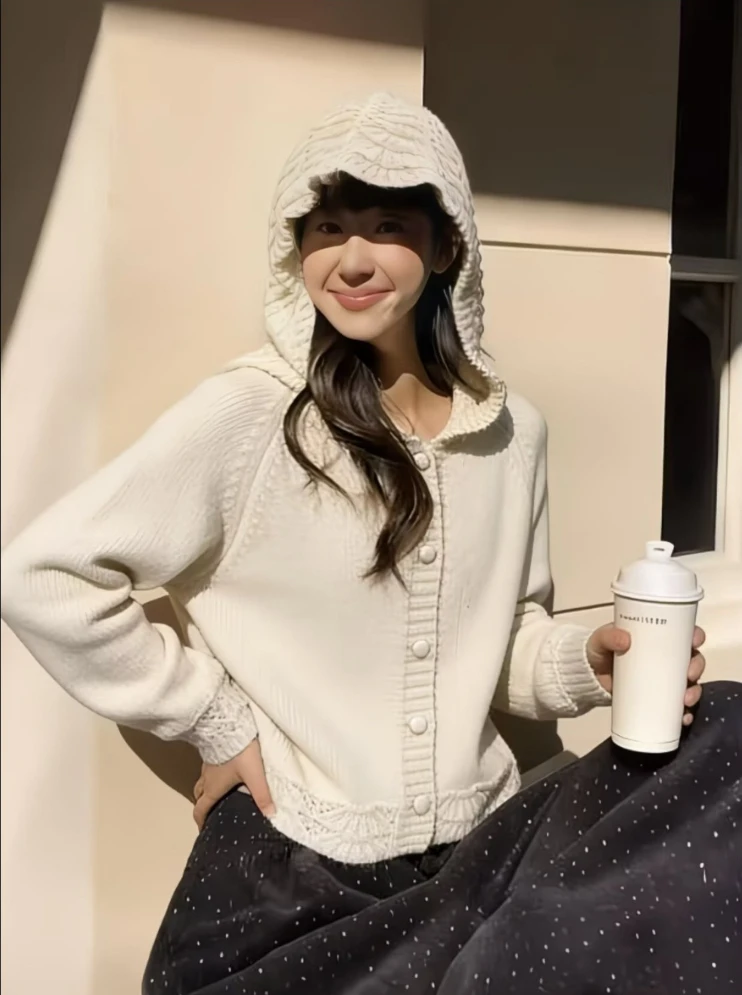 Women Y2K Aesthetic Lazy Style Hooded Knitted Sweater Harajuku Subculture Long Sleeve Pullover Casual Daily Jumper Tops