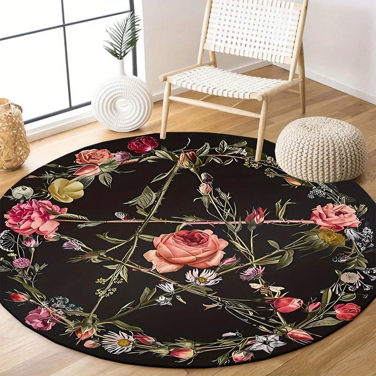 1pc 2D Flat Round Rug with Five-pointed Star & Floral Print, Washable & Fade Resistant Mat for Living Room Bedroom Office