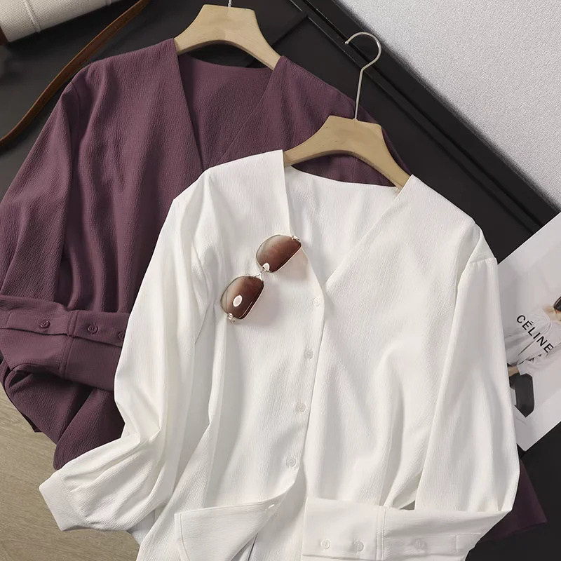 

Loose V-neck Bubble Sleeve Shirt Women's Spring Fashion Textured Long Sleeve Blouse Casual Elegant Style Wood Giant 5000