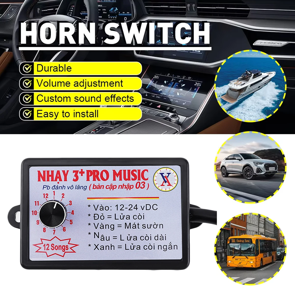 Nhay 3+ Pro Music Rapid Horn Relay 12-24V (8Tones/12 Tones) For Motorcycle Car Jeep Marine Boat Truck All Vehicle is Compatible