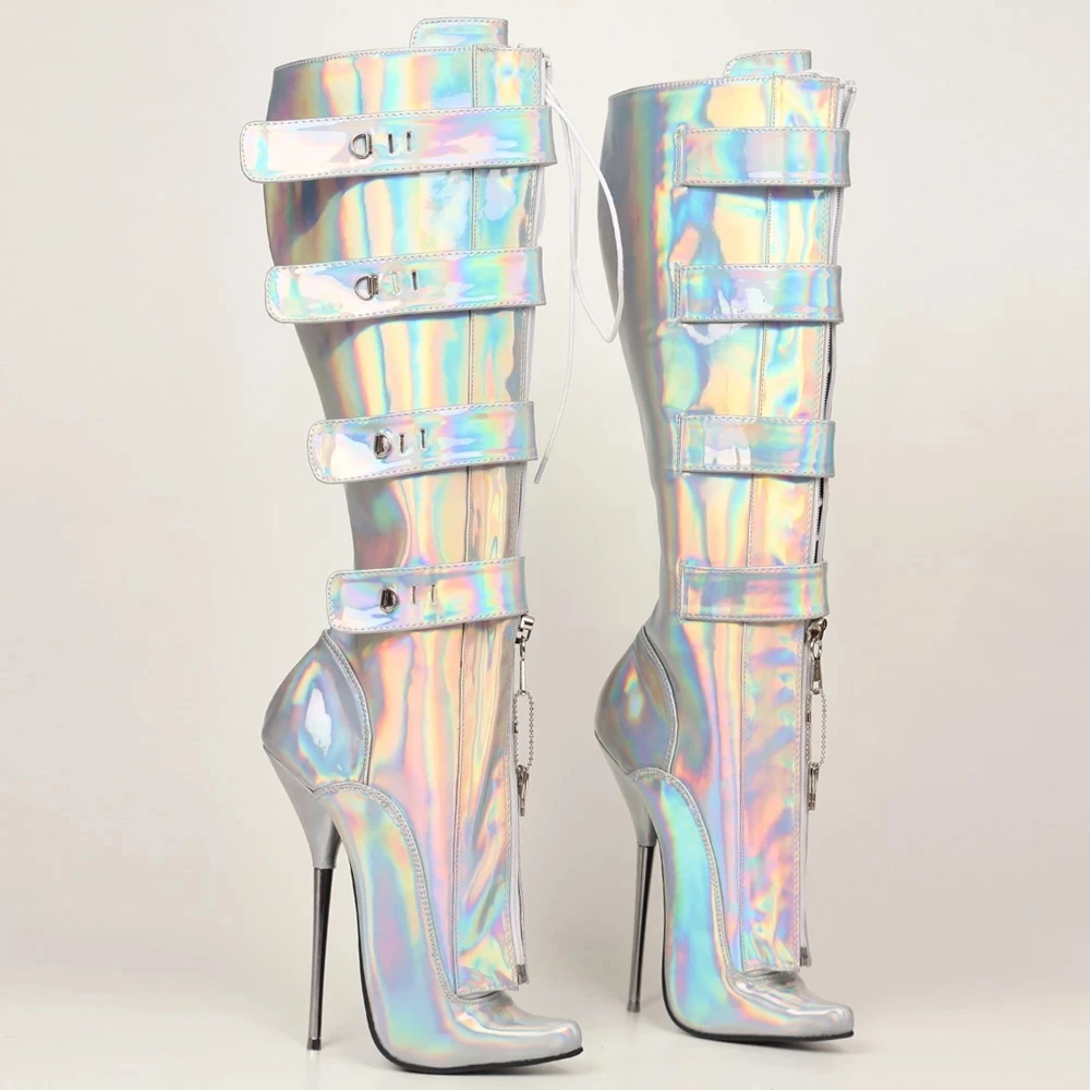 18cm Metal Heel,Knee High Ballet Boots,Women Long Botas,Fetish Unisex Pole Dancing Shoes,Laser Lllusions  Silver,Custom Color