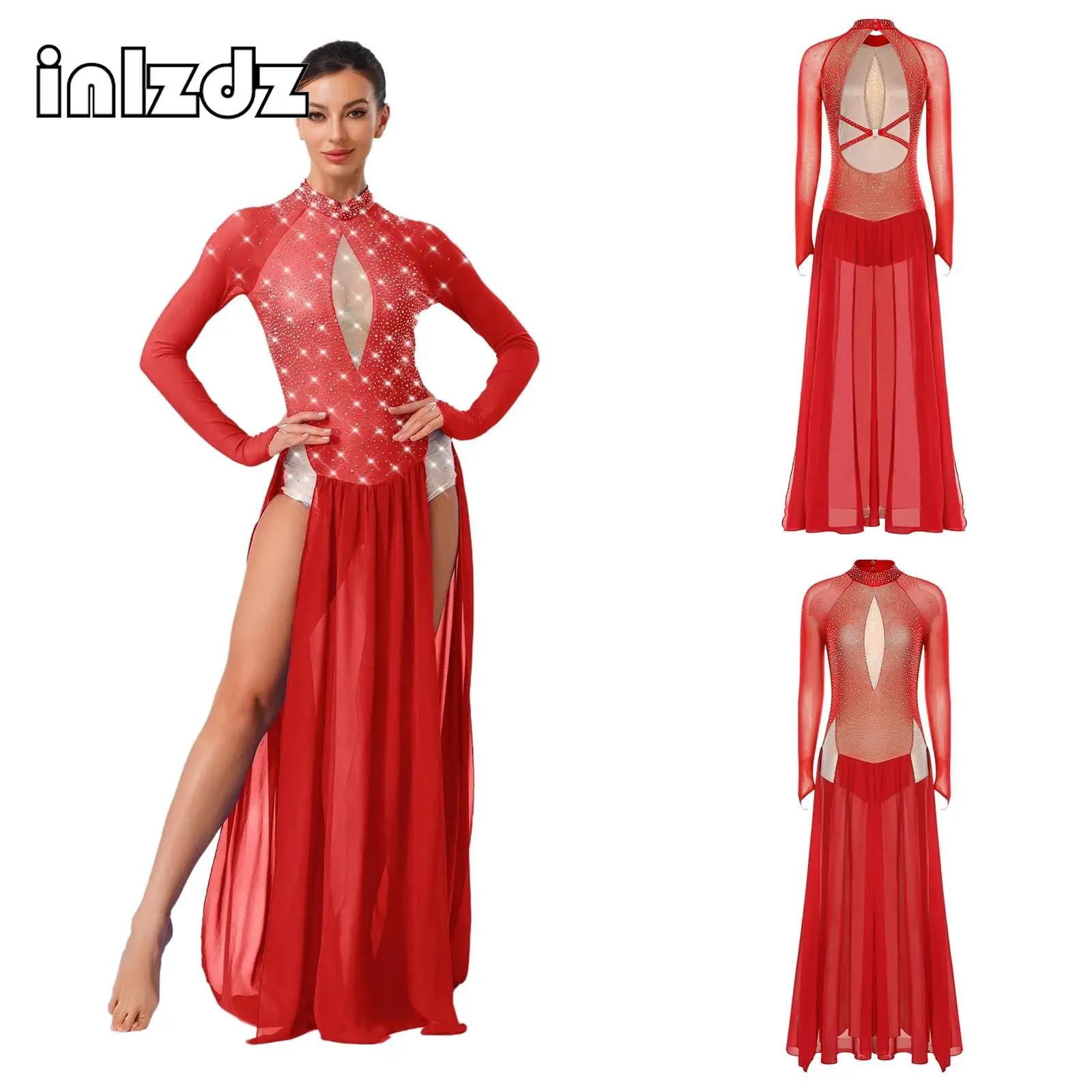 

Shiny Rhinestone Lyrical Dance Maxi Dress Long Sleeve Backless Chiffon Slit Hem Leotard Dress Modern Dance Dancewear for Womens