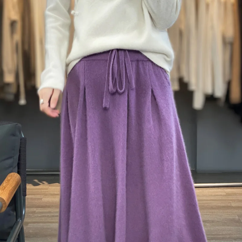 2023 Autumn/Winter New 100% Wool Women\'s Loose Knitted High Waist Half Skirt Fashion Korean Luxury Soft Women\'s Wool Skirt
