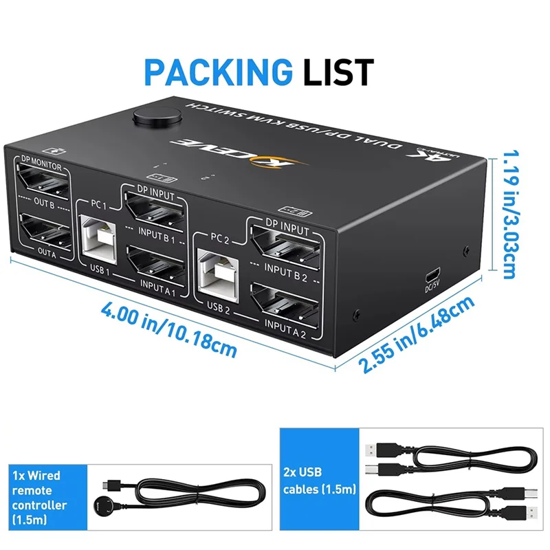 Ingenious-KCEVE 8K Dual Monitor KVM Switch,Displayport 1.4 KVM Switch 2 Monitors 2 Computers 8K 30Hz 4K 144Hz With 4 USB Ports