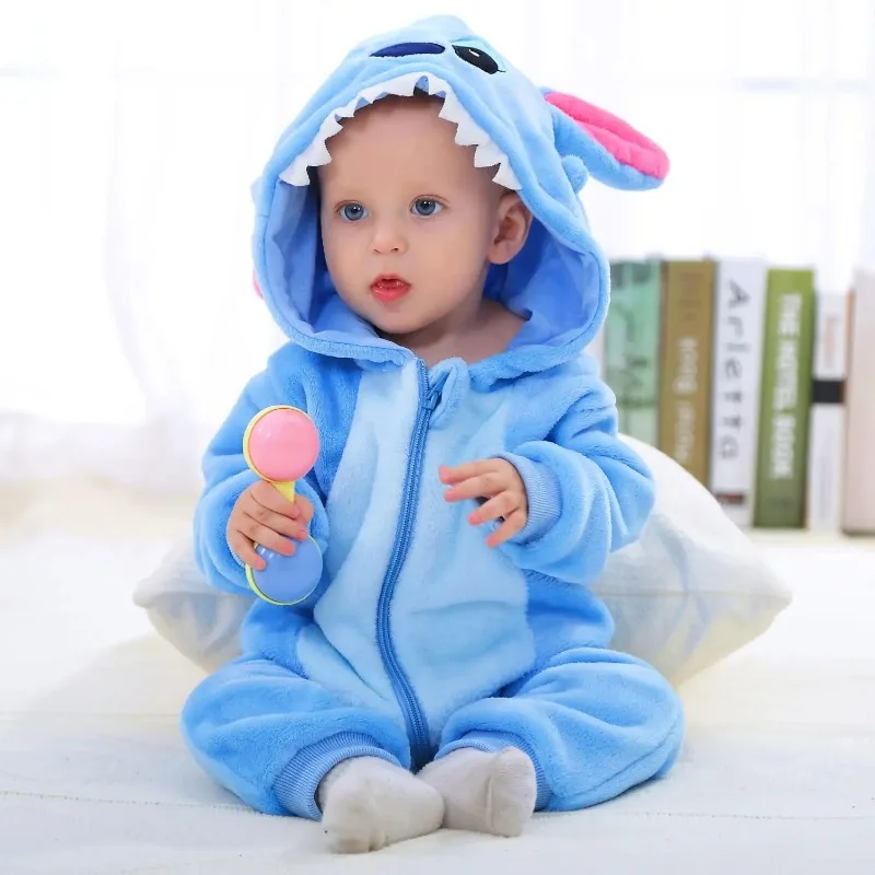 Kawaii Stitch Infants and young children jumpsuits  anime children Flannel thickening Home Furnishings Animal crawling clothing