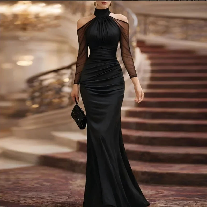 Spring High Neck Off Shoulder Long Dresses Woman Sexy Mesh Sheer Long Sleeve Slim Evening Dress Summer Bohemian Maxi Dress Mujer