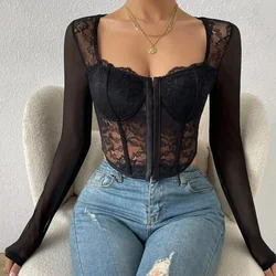 New Selection of Autumn Backless Sexy Lace Long Sleeve Women Blouse Black Embroidery Floral Bare Shoulder Bodycon Crop Top