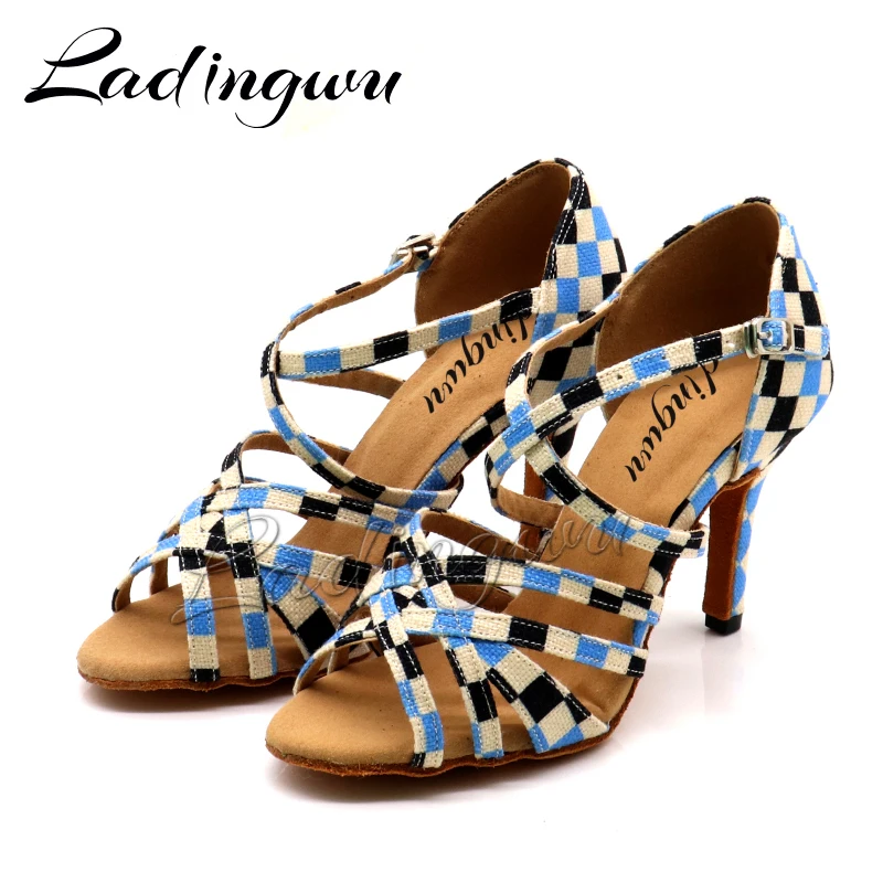 Ladingwu Classic Five Strap Latin Dance Shoes English Style Patterned Dance Shoes Denim Salsa Tango Dance Shoes