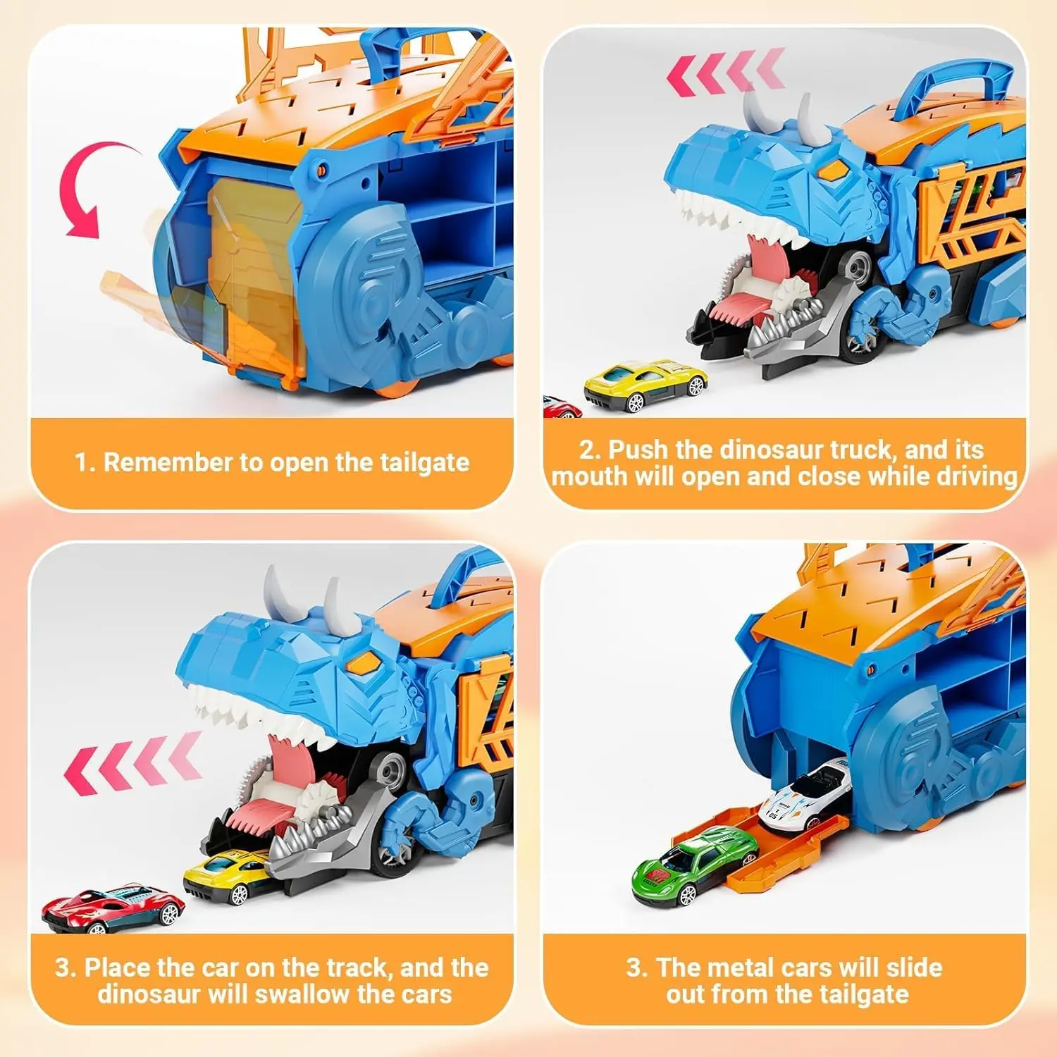 Zabawka 2w1: kolejka z dinozaurami, składana zjeżdżalnia, ciężarówka transportująca dinozaury, samochód do przechowywania, metalowy samochód wyścigowy, prezent dla dzieci w wieku 3-5 lat