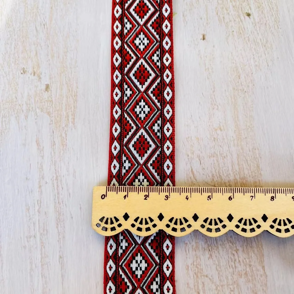 10Yards/Lots Woven Jacquard Ribbon 3.3cm Red Geometric Pattern  For Clothing Straps Accessory IS-3292