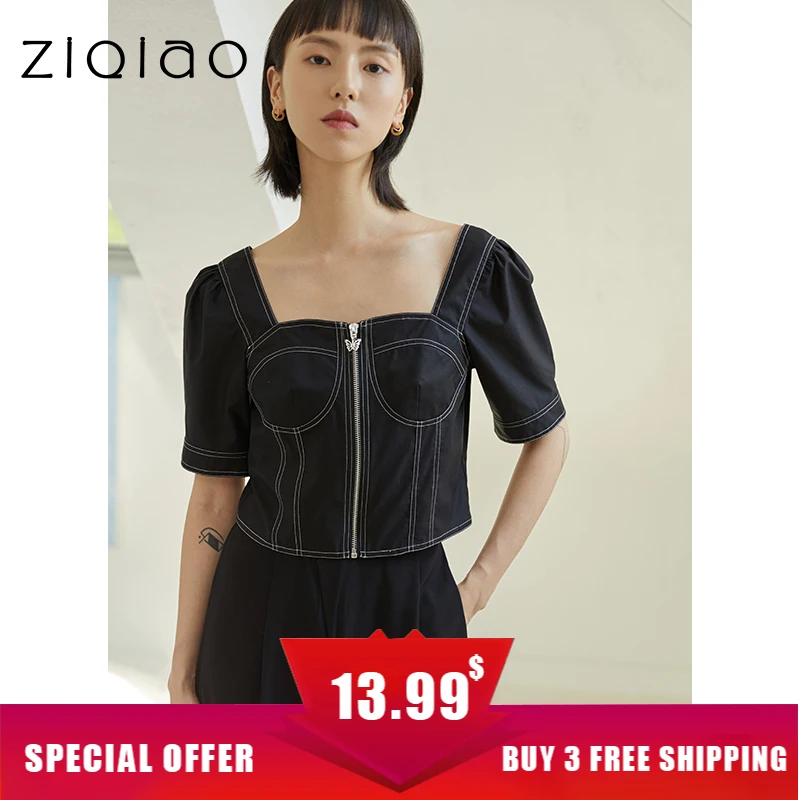 ZIQIAO Japanese Women Square Neck Short Shirt Topstitched Zipper Open Tops