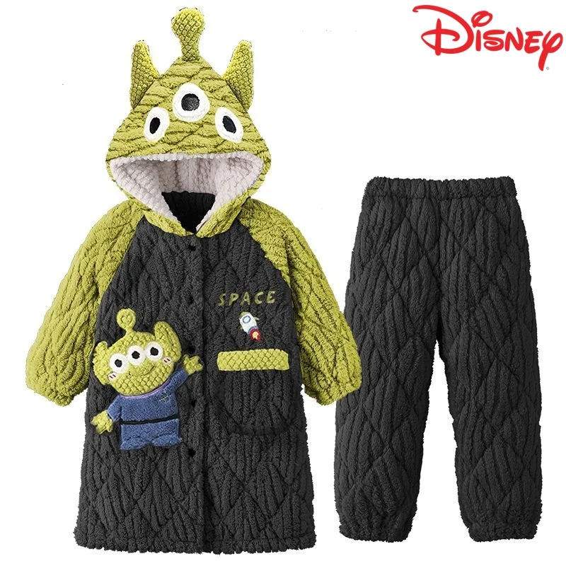 

Новые пижамы Disney с милым мультяшным изображением инопланетянина для мальчиков, трехслойный стеганый халат, осень и зима, утепленный домашний халат из флиса и коралла