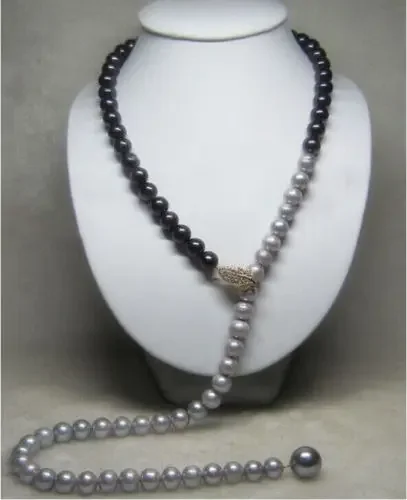 

latest design south sea 8mm black & gray sea shell pearl necklace 34" white Leaf clasp