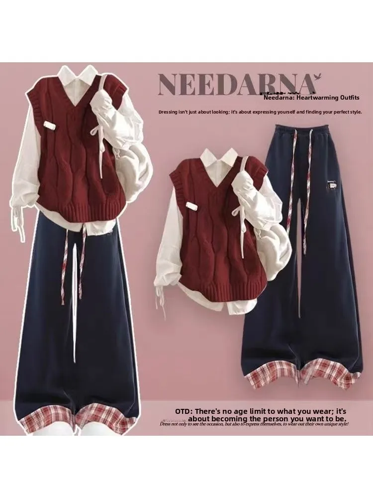 Early Autumn Knitted Women's Two-Piece Set College Style Korean System Commute Fashion Casual Windbreaker Polyester Inner