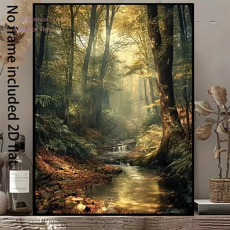 2D Flat, 2D Flat, A 2D Flat Canvas Painting Featuring Golden Sunlight Filtering Through a Dense Forest, a Babbling Stream, An