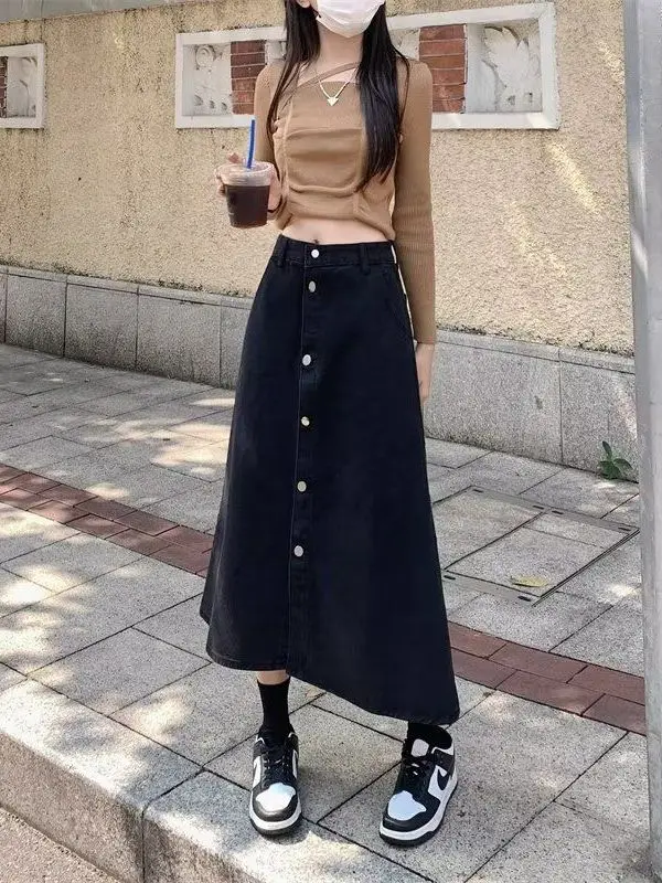 High Waist A-Line Denim  Skirt for Women Black Loose Slimming Single Button Casual Versatile Mid-Length Skirt