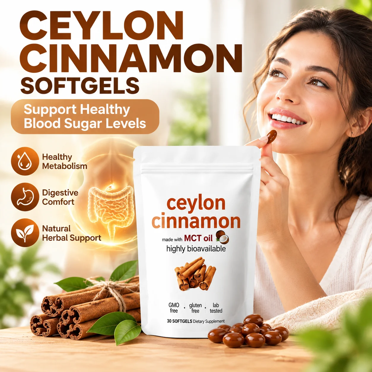 Ceylon Cinnamon Softgels with MCT Oil & Standardized Ceylon Cinnamon Extract Promote Metabolism Maintain Blood Glucose Balance