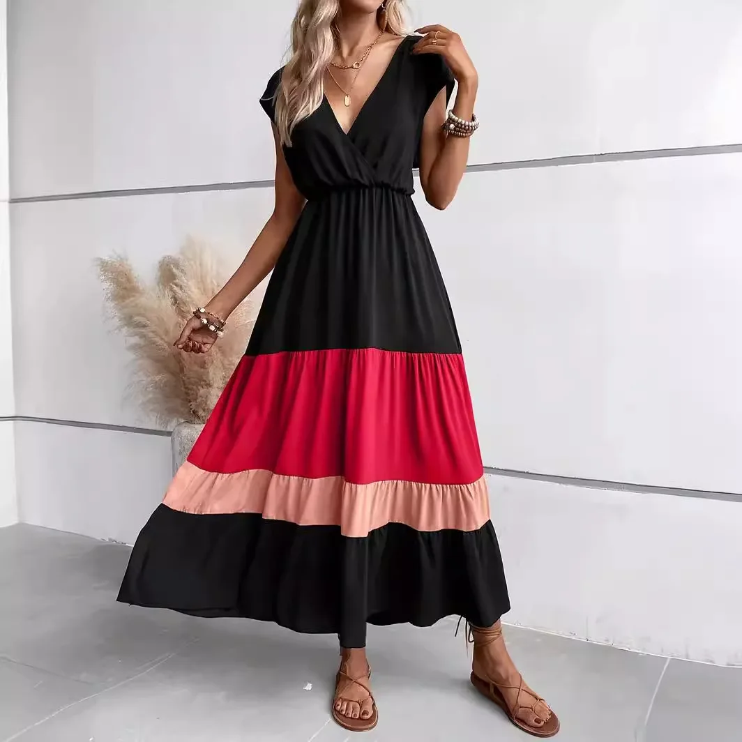 New Pleated Dress V-neck Pressed Color Matching Dress Casual Loose Waist Long Wide Dress