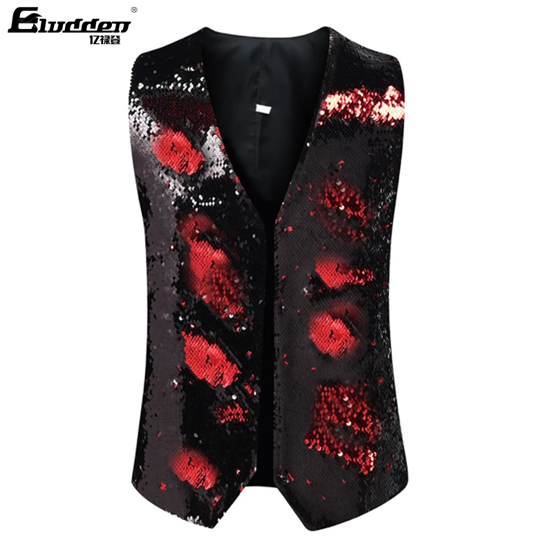 Men\'s Dress Suit Jacket Vest Double-Sided Color Sequins Tux Party Show Waistcoat Double-Sided Two Colors Sequins Waistcoat Vest