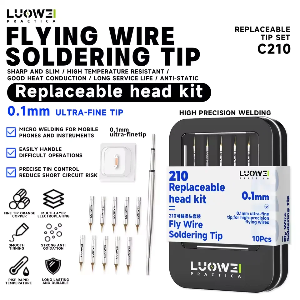  10PCS LUOWEI LW-C210  Fly Wire Soldering Tip Kit 0.1mm Replaceable Bent Pointed Knife Tips for Phone PCB Repair Tool