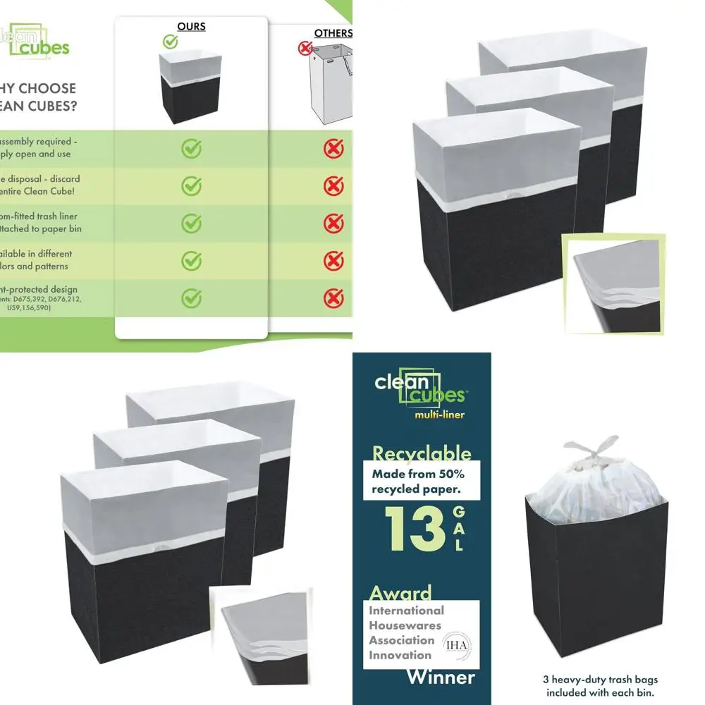 

Набор из 3-х складных мусорных баков емкостью 13 галлонов с несколькими вкладышами для вечеринок, мероприятий, использования на кухне (черный, 17x13,5x10)