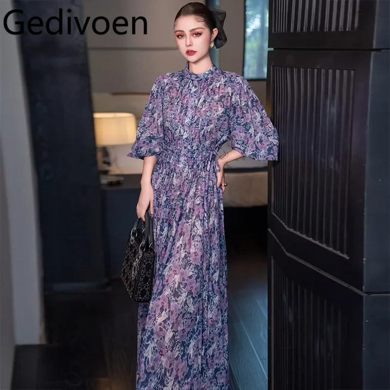 

Gedivoen Summer Fashion Runway Designer Dresses Women's Bohemian Floral Print Draped Elastic Waist Lace Up Lrregular Dresses