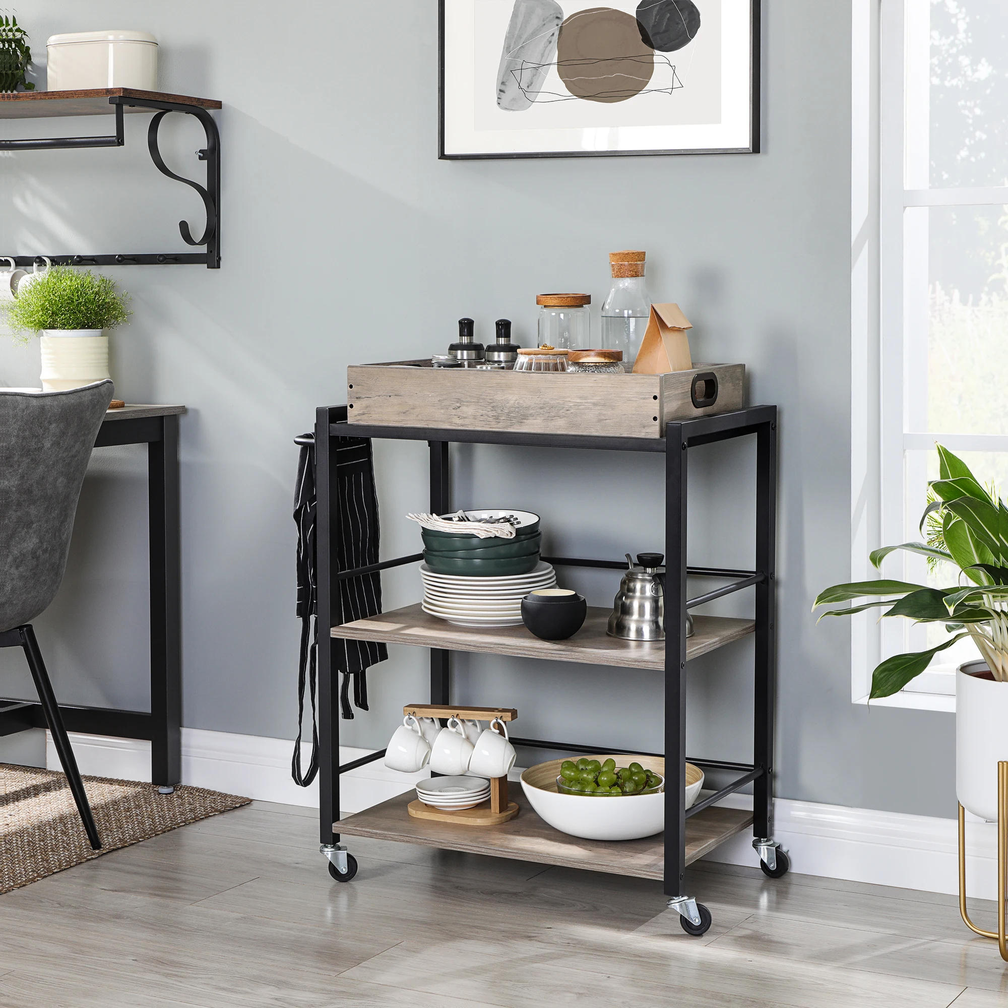 VASAGLE Kitchen Serving Cart with Removable Tray, 3-Tier Kitchen Utility Cart on Wheels with Storage, Levelling Feet