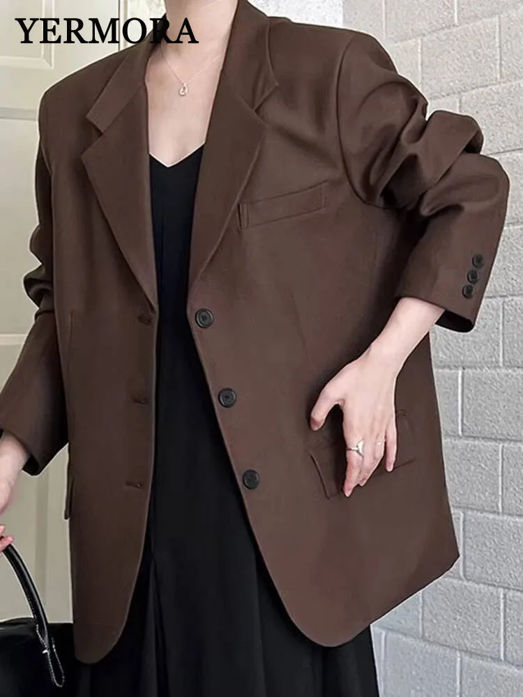 

YERMORA Coffee Button Pocket Casual Blazer For Women Lapel Long Sleeve Loose New Jacket Fashion Tide Spring Autumn 2025
