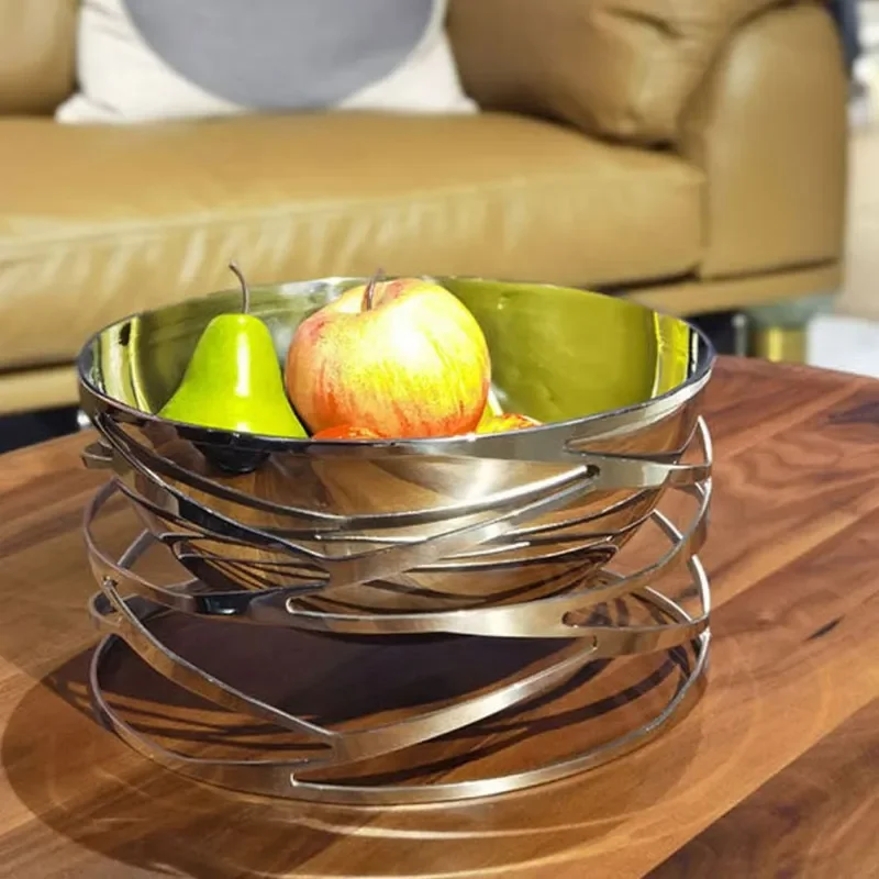 Modern Stainless Steel Fruit Plate Round Hollow Design for Living Room Dining Table Coffee Table Home Decorative Tray