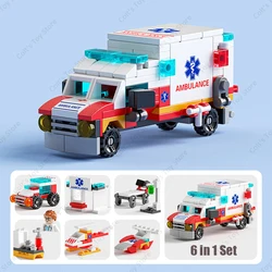 Juego de bloques de construcción de ambulancia médica 6 en 1 para niños, ladrillos de vehículos de rescate, coche médico, modelo clásico DIY, regalo de juguete