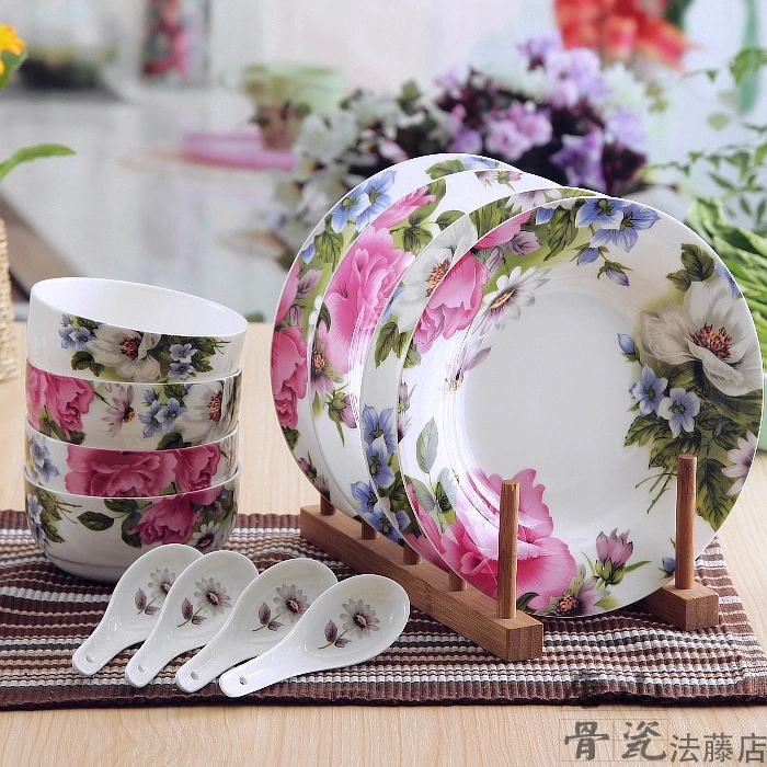 

12-piece Set, Floral Blossom Designed, Bone China Dish Refined Ceramic White Dinnerware, Porcelain Dinnerware Set