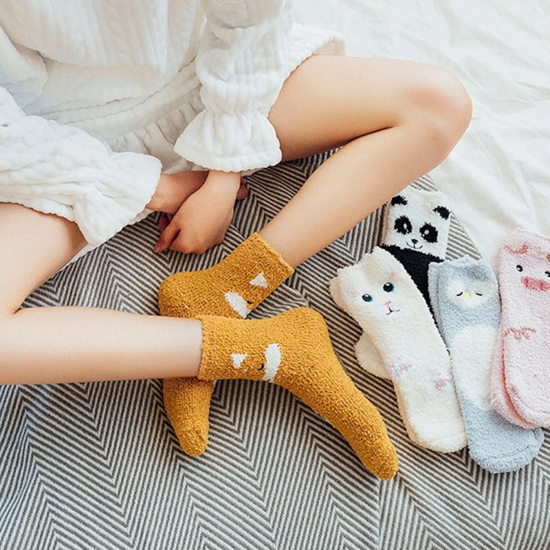 Women Cartoon Animal Winter Fuzzy Slipper Socks Panda Dog for Cat Pig Penguin Pattern Coral Warm Sleep Drop Shipping