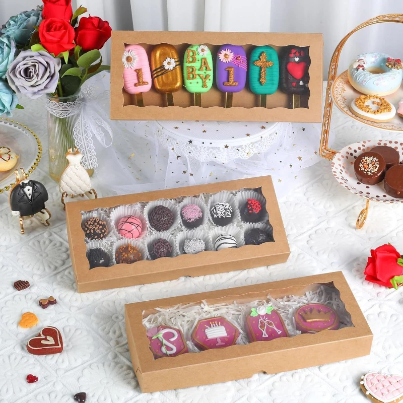 Brown Strawberry Chocolate Packaging Box Window Opening Cake Case Baking Package Dessert Long Boxes Party Supplies Bakeware