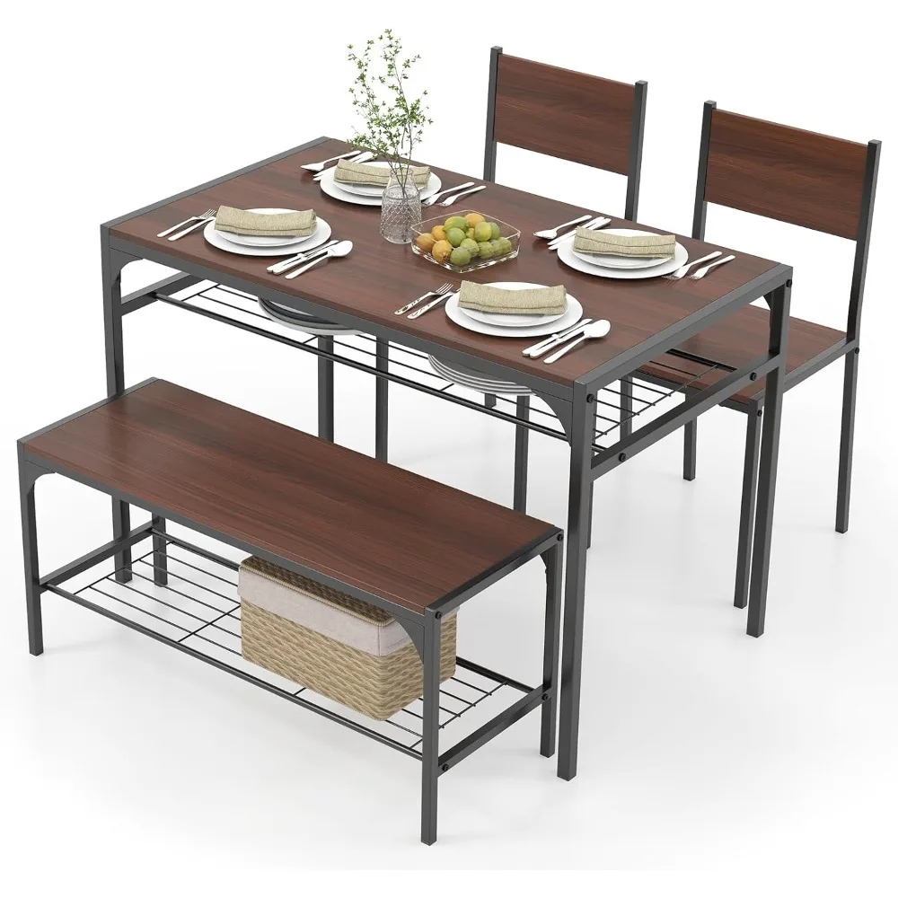 4 Pieces Dining Table Set, Kitchen Table and 2 Chairs for 4 with Bench, Storage Racks, Metal Frame & Space-Saving Design