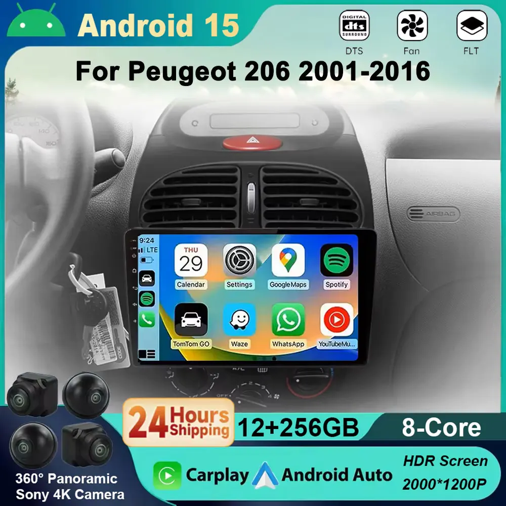

Android 15 For Peugeot 206 206CC 206SW 2001 - 2008Autoradio Carplay Multimedia Player Car Radio Wireless GPS 4G WIFI BT DSP DVD