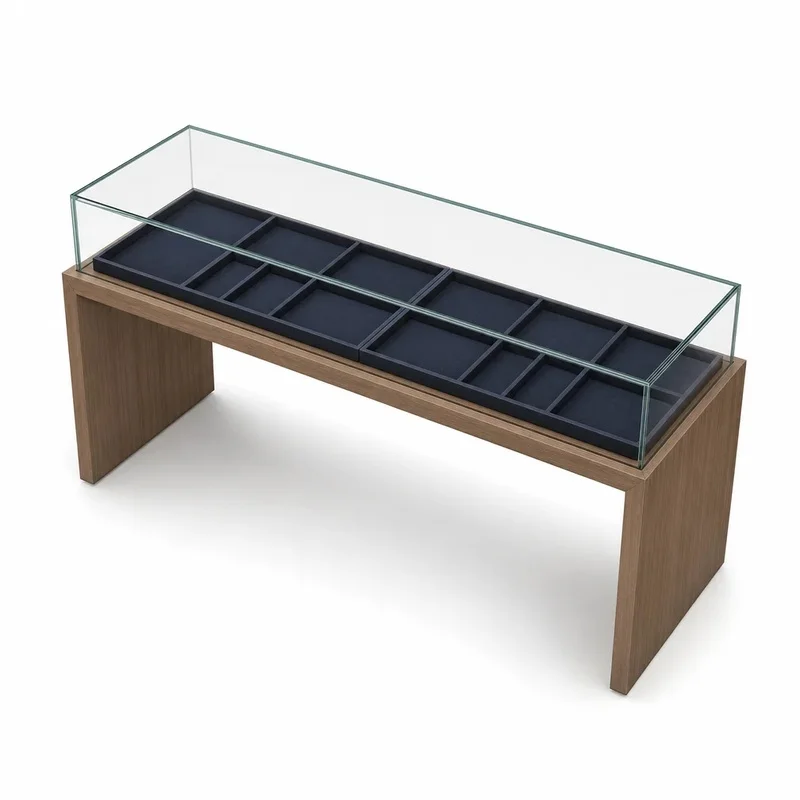 custom.Custom Walnut Wood and Navy Blue Jewelry Store Display Fixture Set with Arched Wall Showcase