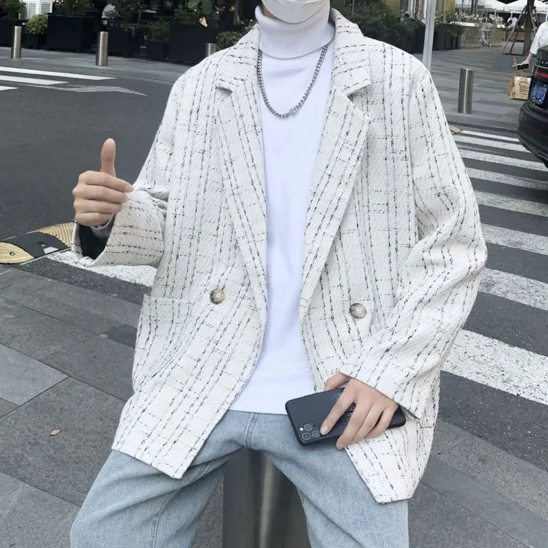 Xiaoxiangfeng Suit Men's Jacket Lazy Wind Ruffian Handsome Korean Version Loose Handsome Woven Fabric Plaid Suit Trend