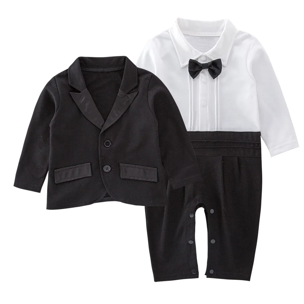 2pcs Baby Boy Formal Suit Set Long Sleeve Romper + Black Coat Toddler Infant Tuxedo Outfit Christening Party Wear with Bowtie