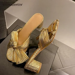 Gold Women Slippers Bowknot Design Gladiator Sandals Fish Mouth Chunky High Heel Dress Pumps Summer Outside Mullers Beach Slides