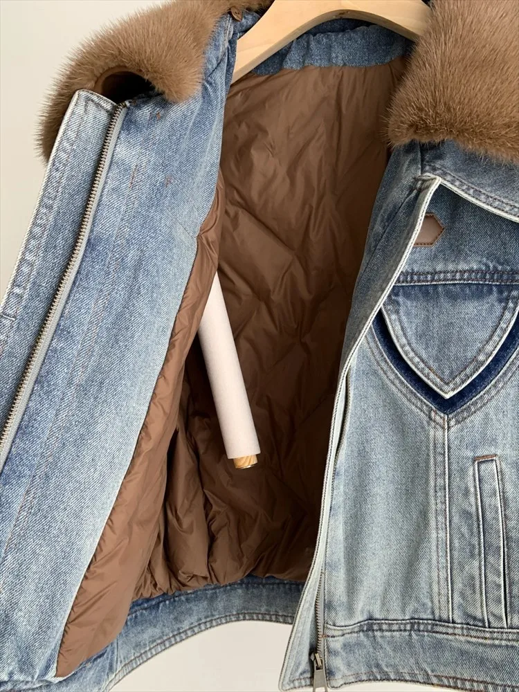 Hiver femmes col de fourrure de vison mode Denim doudoune chaud à manches longues concepteur Streetwear vêtements d'extérieur décontractés femme manteau court
