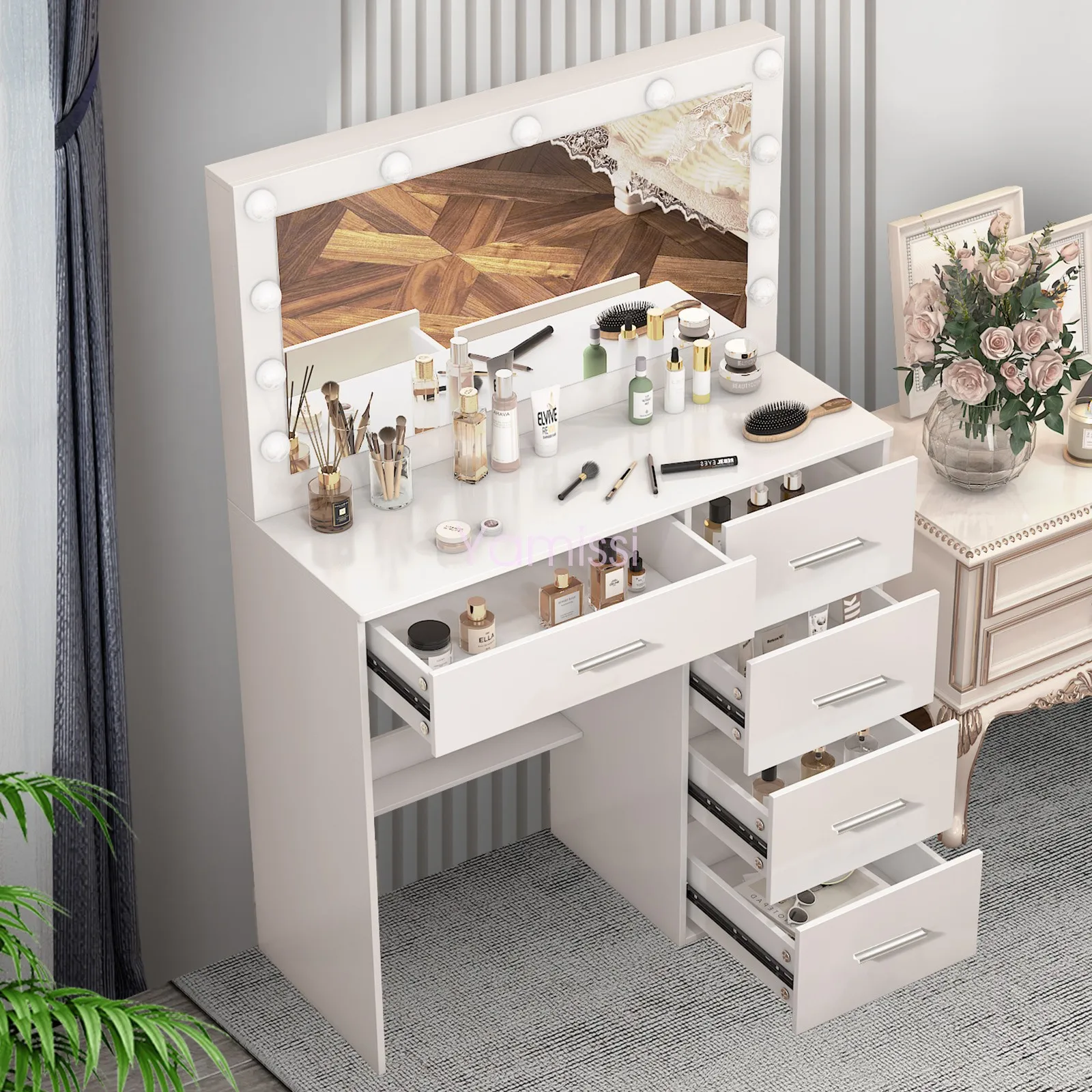 Tocador de maquillaje, juego de tocador LED con 11 espejos iluminados, tocador de maquillaje para decoración elegante del hogar