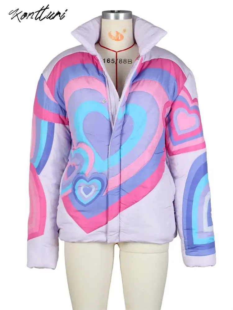 Kontturi-chaquetas acolchadas para mujer, abrigo de manga larga con estampado de corazón, ropa de calle Multicolor, chaqueta de gran tamaño con