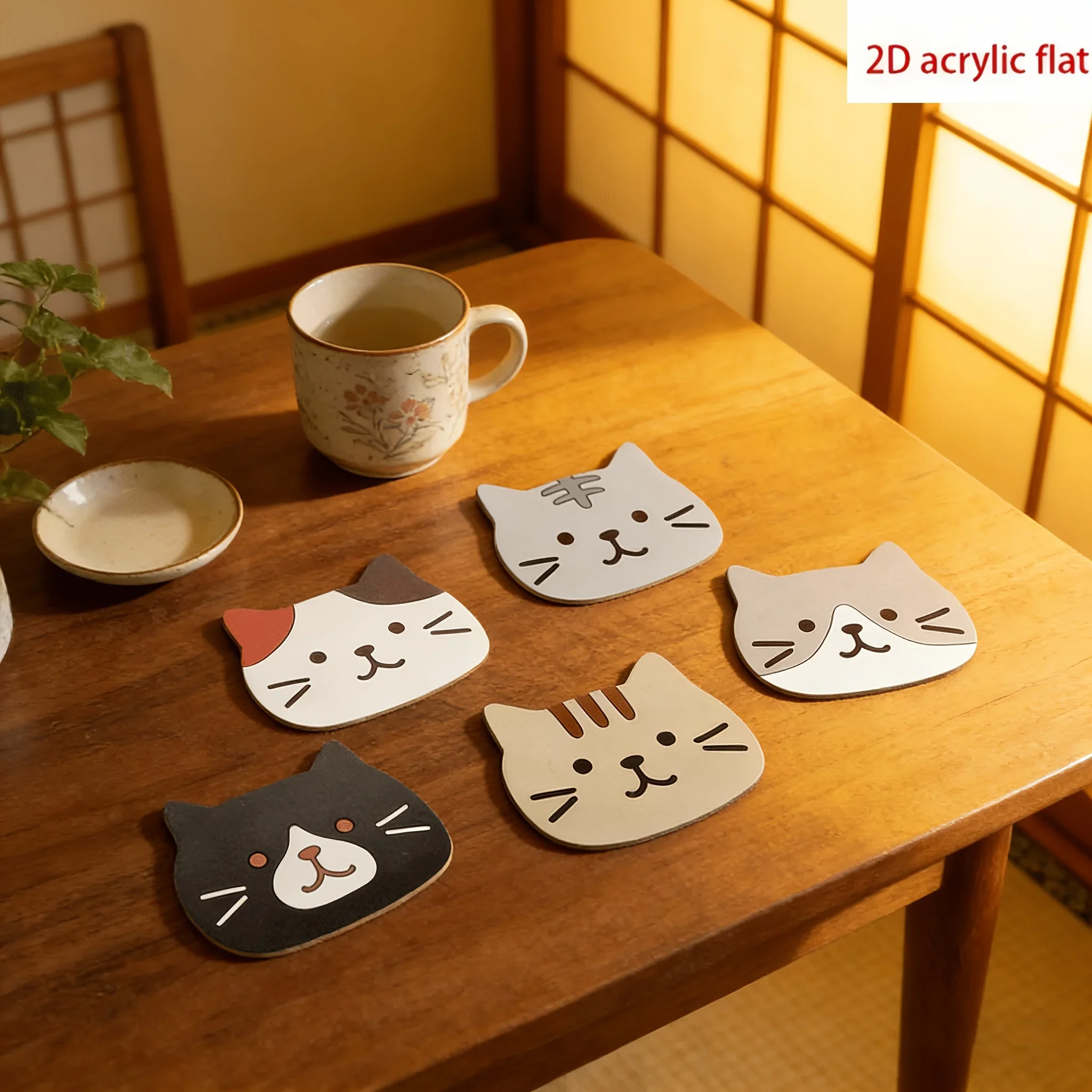 2D Flat Plane,5pcs Wooden Cat Coasters,Cute Cat Face Design,Suitable for Home Living Room,Bedroom Bedside As Tabletop Decoration